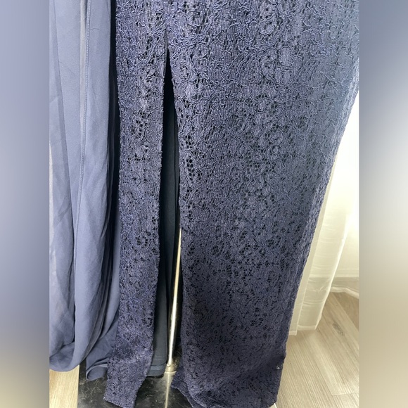 Adrianna Papell Navy Cape-Sleeved Evening Lace Gown One Shoulder Dress Size 6 - Picture 7 of 13